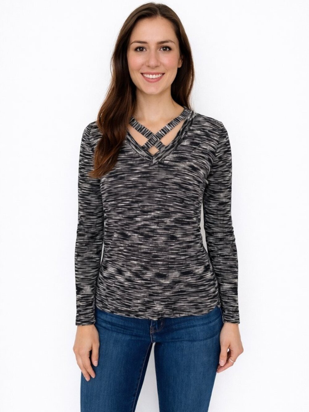 NWT Kim Rogers Petite M Space-Dye V-Neck Sweater w/ Crisscross Detail